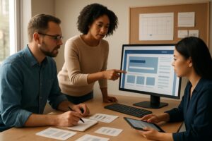 A business team reviews website content and a publishing checklist during a collaborative planning session.