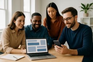 Business team reviewing a responsive website experience on a laptop and smartphone.