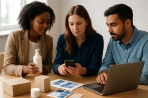 Small business team reviewing products and an online store layout to improve e-commerce product pages.