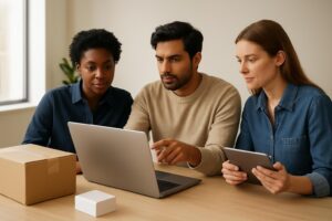 Small business team reviewing an online store checkout process on a laptop and tablet.