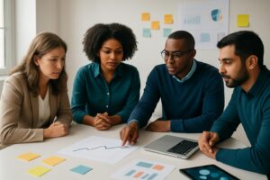 Marketing team reviewing abstract campaign performance data and content plans together.