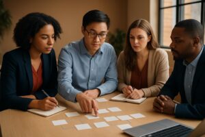 Business leaders mapping a workflow together before implementing AI automation.