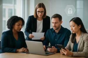 Business team reviewing secure website access and authentication procedures in a modern office.
