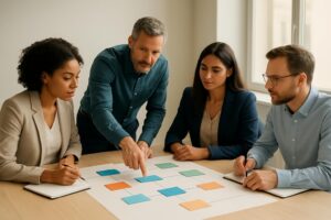 Operations team mapping a workflow together before implementing business automation.