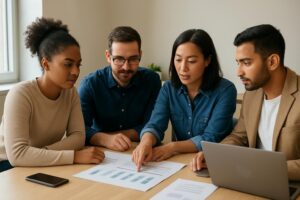 Marketing team reviewing a social media content plan and performance insights together.