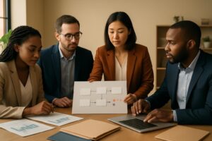Business leaders reviewing data sources and workflow plans before an AI project.