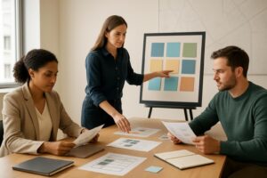Business team reviewing website pages and priorities during an SEO content audit.